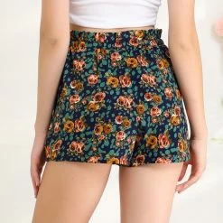 Allegra K Women's Summer Elastic Waist Rose Floral Shorts