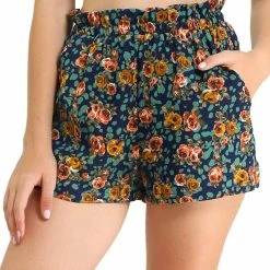 Allegra K Women's Summer Elastic Waist Rose Floral Shorts