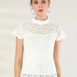 Allegra K Women's Lace Stand Collar Top Short Sleeve Semi Sheer Floral Blouse 11 Allegra K Women's Lace Stand Collar Top Short Sleeve Semi Sheer Floral Blouse