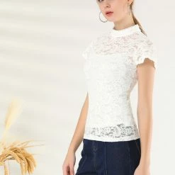 Allegra K Women's Lace Stand Collar Top Short Sleeve Semi Sheer Floral Blouse 13 Allegra K Women's Lace Stand Collar Top Short Sleeve Semi Sheer Floral Blouse