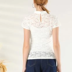 Allegra K Women's Lace Stand Collar Top Short Sleeve Semi Sheer Floral Blouse 14 Allegra K Women's Lace Stand Collar Top Short Sleeve Semi Sheer Floral Blouse