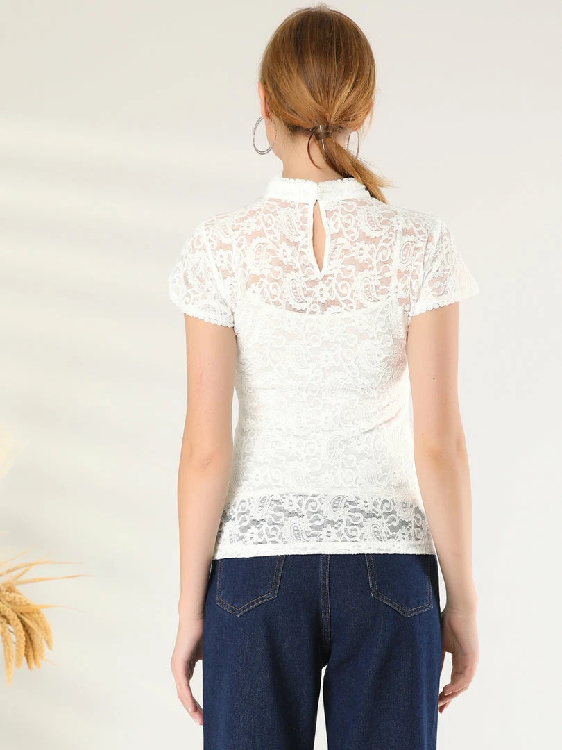 Allegra K Women's Lace Stand Collar Top Short Sleeve Semi Sheer Floral Blouse 8 Allegra K Women's Lace Stand Collar Top Short Sleeve Semi Sheer Floral Blouse