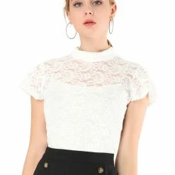 Allegra K Women's Lace Stand Collar Top Short Sleeve Semi Sheer Floral Blouse 10 Allegra K Women's Lace Stand Collar Top Short Sleeve Semi Sheer Floral Blouse