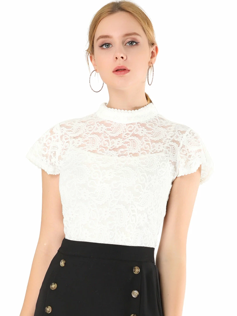 Allegra K Women's Lace Stand Collar Top Short Sleeve Semi Sheer Floral Blouse 4 Allegra K Women's Lace Stand Collar Top Short Sleeve Semi Sheer Floral Blouse