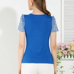 Allegra K Women's Ruffled Blouse Soft Contrast Panel Floral Short Sleeve Tee Tops 14 Allegra K Women's Ruffled Blouse Soft Contrast Panel Floral Short Sleeve Tee Tops