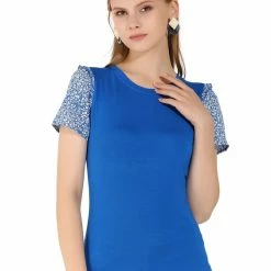 Allegra K Women's Ruffled Blouse Soft Contrast Panel Floral Short Sleeve Tee Tops