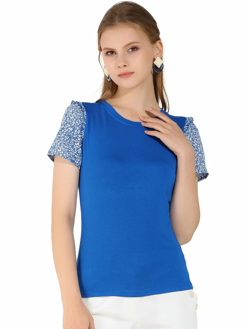 Allegra K Women's Ruffled Blouse Soft Contrast Panel Floral Short Sleeve Tee Tops 4 Allegra K Women's Ruffled Blouse Soft Contrast Panel Floral Short Sleeve Tee Tops