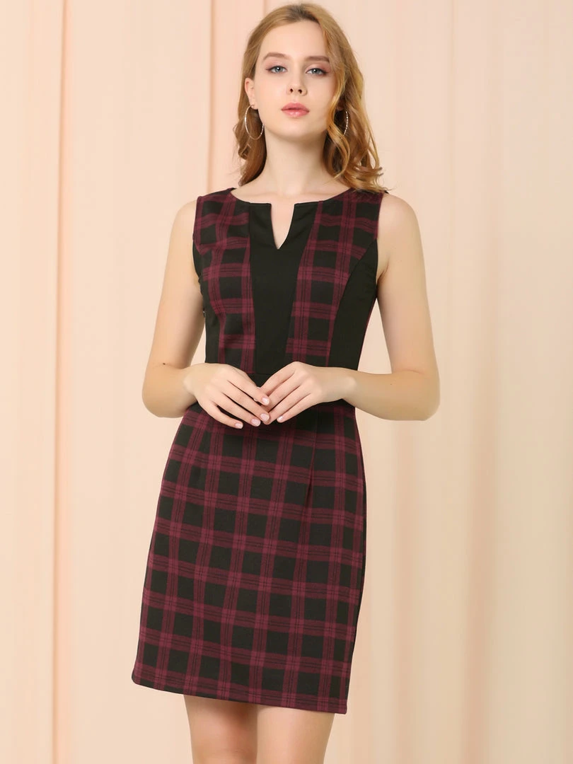 Women Allegra K Houndstooth Sleeveless Split Neck Slim Office Work Bodycon Dress 5 Women Allegra K Houndstooth Sleeveless Split Neck Slim Office Work Bodycon Dress