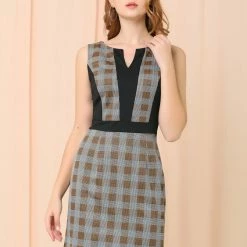 Women Allegra K Houndstooth Sleeveless Split Neck Slim Office Work Bodycon Dress 35 Women Allegra K Houndstooth Sleeveless Split Neck Slim Office Work Bodycon Dress