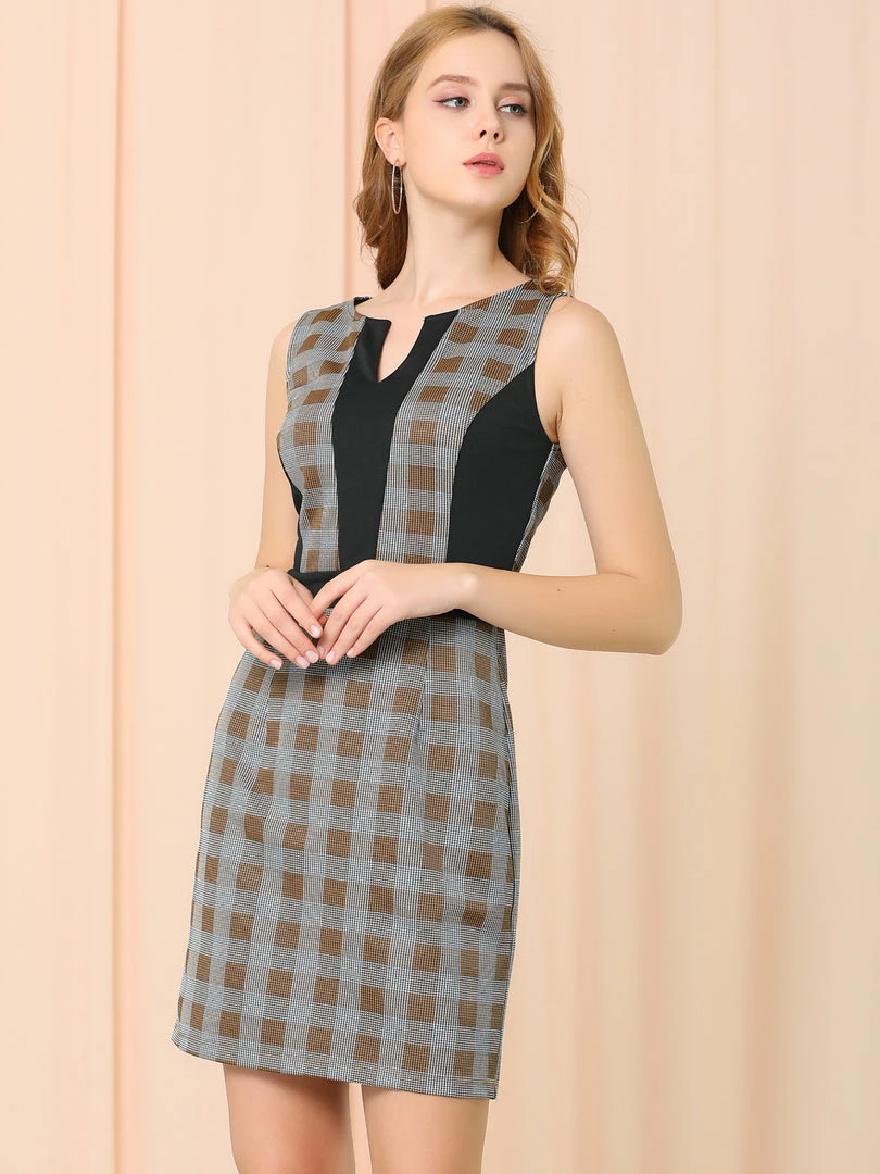 Women Allegra K Houndstooth Sleeveless Split Neck Slim Office Work Bodycon Dress 12 Women Allegra K Houndstooth Sleeveless Split Neck Slim Office Work Bodycon Dress