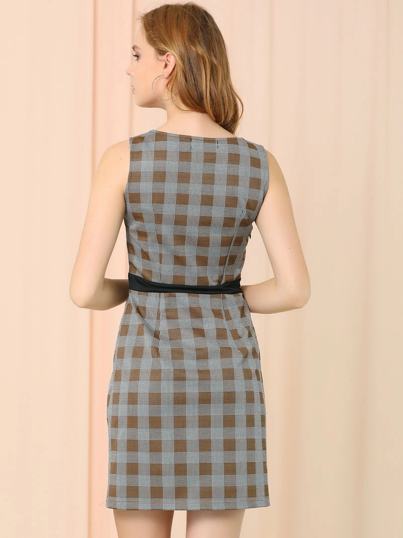 Women Allegra K Houndstooth Sleeveless Split Neck Slim Office Work Bodycon Dress 14 Women Allegra K Houndstooth Sleeveless Split Neck Slim Office Work Bodycon Dress