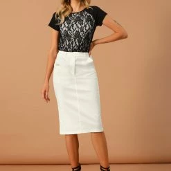 Allegra K Women's High Waist Lace Panel Back Pockets Pencil Bodycon Midi Skirt