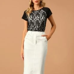 Allegra K Women's High Waist Lace Panel Back Pockets Pencil Bodycon Midi Skirt