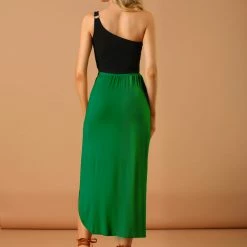 Allegra K Women's Maxi Long Casual Elastic Waist Side Split Slit Asymmetrical Skirt