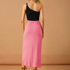 Allegra K Women's Maxi Long Casual Elastic Waist Side Split Slit Asymmetrical Skirt