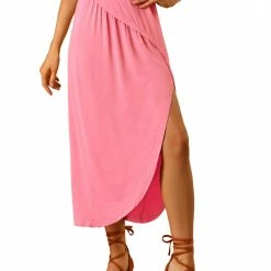 Allegra K Women's Maxi Long Casual Elastic Waist Side Split Slit Asymmetrical Skirt