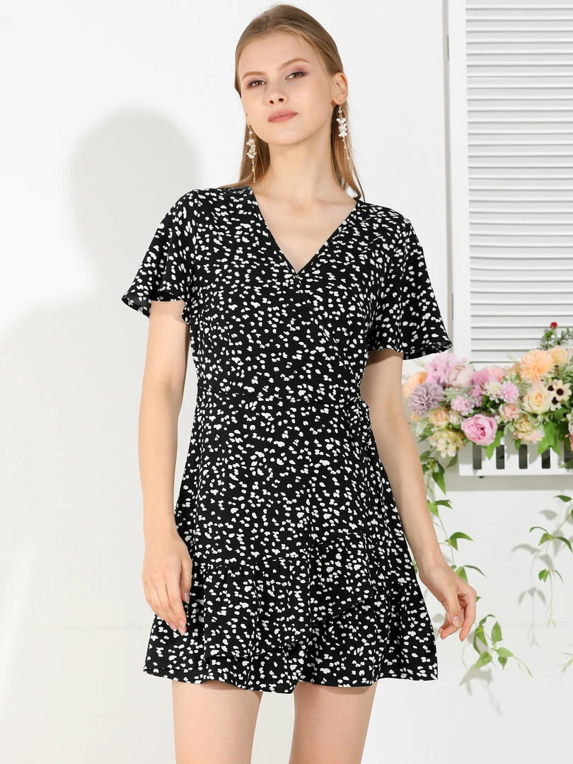 Allegra K Women's Wrap V Neck Ruffled Flutter Sleeves Belted Printed Flowy Dress 11 Allegra K Women's Wrap V Neck Ruffled Flutter Sleeves Belted Printed Flowy Dress