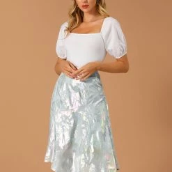 Allegra K Women's Sparkle Holographic Asymmetric Silky Party A Line Skirt 13 Allegra K Women's Sparkle Holographic Asymmetric Silky Party A Line Skirt