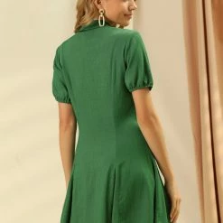 Allegra K Women's Collared Button Up A-Line Elastic Cuff Casual Shirt Dress