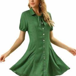 Allegra K Women's Collared Button Up A-Line Elastic Cuff Casual Shirt Dress