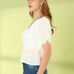 Allegra K Women's Puff Sleeve Mesh Sheer Heart Print Casual V-Neck Ruffle Hem Blouse Top