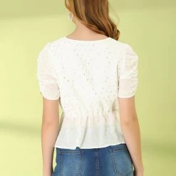 Allegra K Women's Puff Sleeve Mesh Sheer Heart Print Casual V-Neck Ruffle Hem Blouse Top