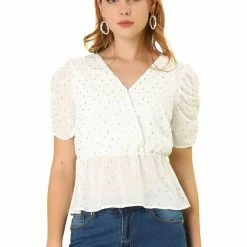 Allegra K Women's Puff Sleeve Mesh Sheer Heart Print Casual V-Neck Ruffle Hem Blouse Top
