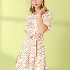 Allegra K Women's Floral Peter Pan Collar Short Sleeve Belted Flare Ruffle Dress