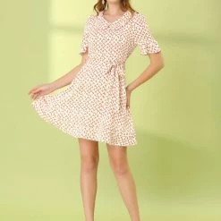 Allegra K Women's Floral Peter Pan Collar Short Sleeve Belted Flare Ruffle Dress