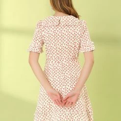 Allegra K Women's Floral Peter Pan Collar Short Sleeve Belted Flare Ruffle Dress