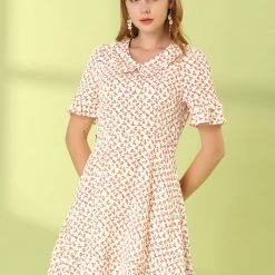 Allegra K Women's Floral Peter Pan Collar Short Sleeve Belted Flare Ruffle Dress