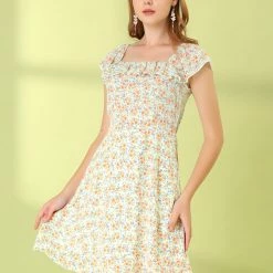 Allegra K Women's Ruffled Elastic Neck Floral Print Flare Chiffon Dress 11 Allegra K Women's Ruffled Elastic Neck Floral Print Flare Chiffon Dress