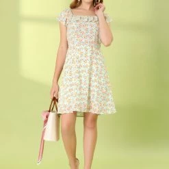 Allegra K Women's Ruffled Elastic Neck Floral Print Flare Chiffon Dress 12 Allegra K Women's Ruffled Elastic Neck Floral Print Flare Chiffon Dress