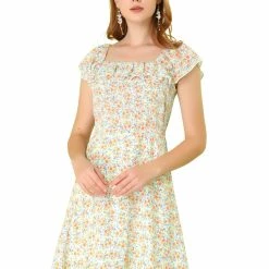 Allegra K Women's Ruffled Elastic Neck Floral Print Flare Chiffon Dress