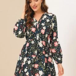 Allegra K Women's Floral Print V Neck Button Down Elastic Waist Vintage Shirt Dress 12 Allegra K Women's Floral Print V Neck Button Down Elastic Waist Vintage Shirt Dress