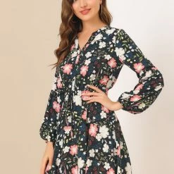 Allegra K Women's Floral Print V Neck Button Down Elastic Waist Vintage Shirt Dress 13 Allegra K Women's Floral Print V Neck Button Down Elastic Waist Vintage Shirt Dress