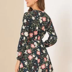 Allegra K Women's Floral Print V Neck Button Down Elastic Waist Vintage Shirt Dress 14 Allegra K Women's Floral Print V Neck Button Down Elastic Waist Vintage Shirt Dress