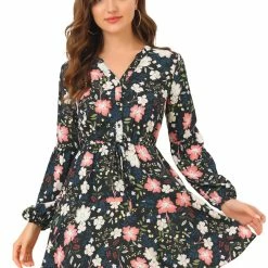 Allegra K Women's Floral Print V Neck Button Down Elastic Waist Vintage Shirt Dress