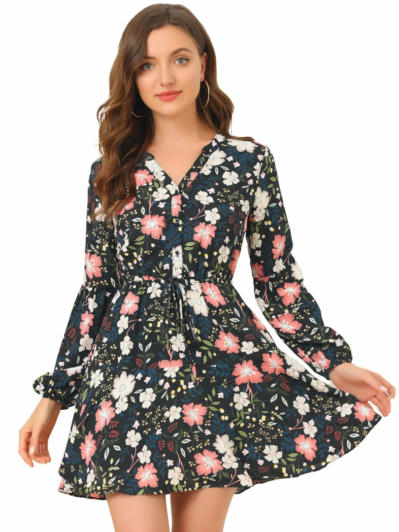 Allegra K Women's Floral Print V Neck Button Down Elastic Waist Vintage Shirt Dress 4 Allegra K Women's Floral Print V Neck Button Down Elastic Waist Vintage Shirt Dress