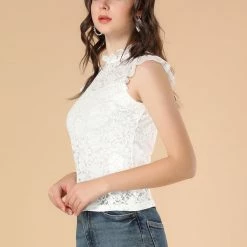 Allegra K Women's Lace Ruffle Semi Sheer Sleeveless Blouse Top