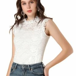 Allegra K Women's Lace Ruffle Semi Sheer Sleeveless Blouse Top
