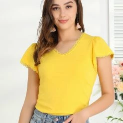 Allegra K Women's Flare Sleeve Blouses Casual V Neck Solid Color Scalloped Lace Trim Tops 11 Allegra K Women's Flare Sleeve Blouses Casual V Neck Solid Color Scalloped Lace Trim Tops