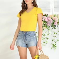 Allegra K Women's Flare Sleeve Blouses Casual V Neck Solid Color Scalloped Lace Trim Tops 12 Allegra K Women's Flare Sleeve Blouses Casual V Neck Solid Color Scalloped Lace Trim Tops