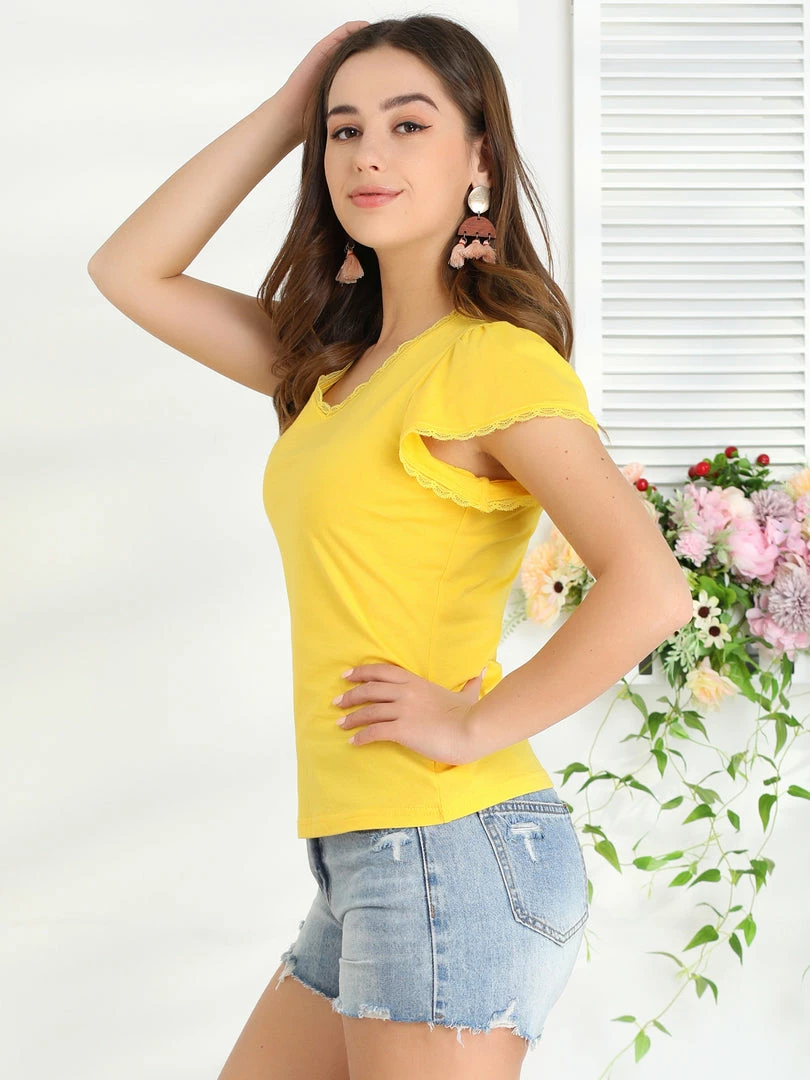 Allegra K Women's Flare Sleeve Blouses Casual V Neck Solid Color Scalloped Lace Trim Tops 7 Allegra K Women's Flare Sleeve Blouses Casual V Neck Solid Color Scalloped Lace Trim Tops