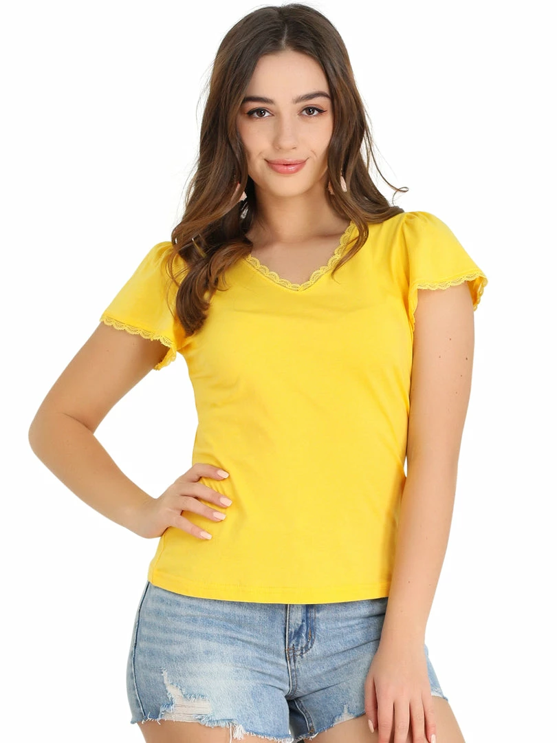 Allegra K Women's Flare Sleeve Blouses Casual V Neck Solid Color Scalloped Lace Trim Tops 4 Allegra K Women's Flare Sleeve Blouses Casual V Neck Solid Color Scalloped Lace Trim Tops