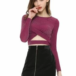 Women Allegra K Long Sleeve Crew Neck Cut Out Glitter Cross Crop Tops