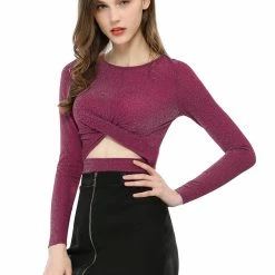 Women Allegra K Long Sleeve Crew Neck Cut Out Glitter Cross Crop Tops