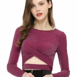Women Allegra K Long Sleeve Crew Neck Cut Out Glitter Cross Crop Tops