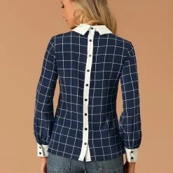 Allegra K Women's Contrast Turndown Collar Button Back Check Plaid Work Shirt