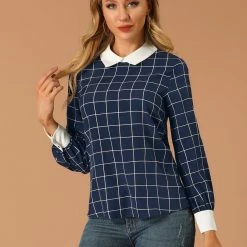 Allegra K Women's Contrast Turndown Collar Button Back Check Plaid Work Shirt